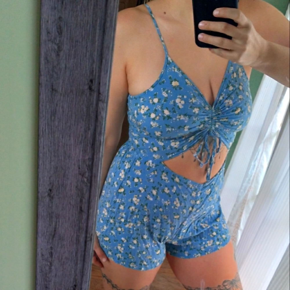 Blue Floral Cutout Romper